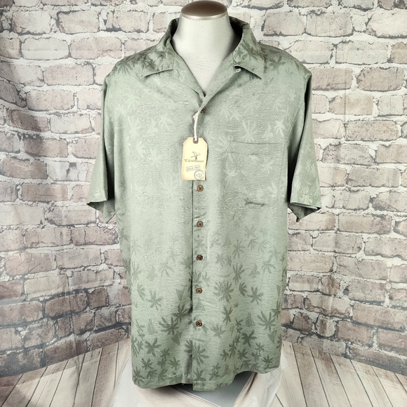 Caribbean Tall Man Silk Blend Palm Damask Print Shirt NWT Sage Green Size 2XT - Picture 4 of 15